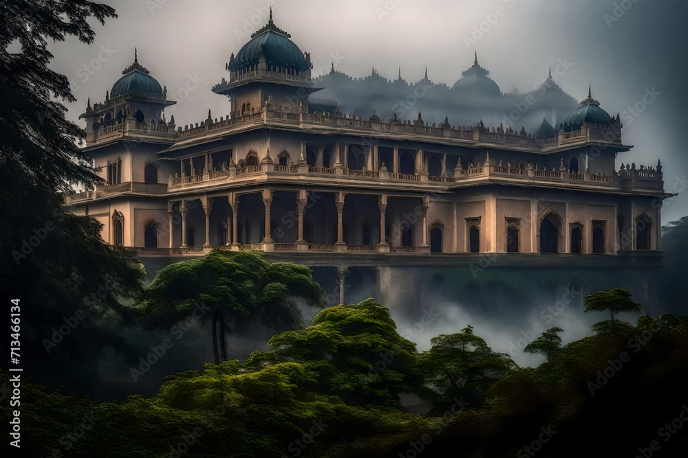 Obraz premium view of a classic palace shrouded in a mystical mist that adds an air of mystery and enchantment