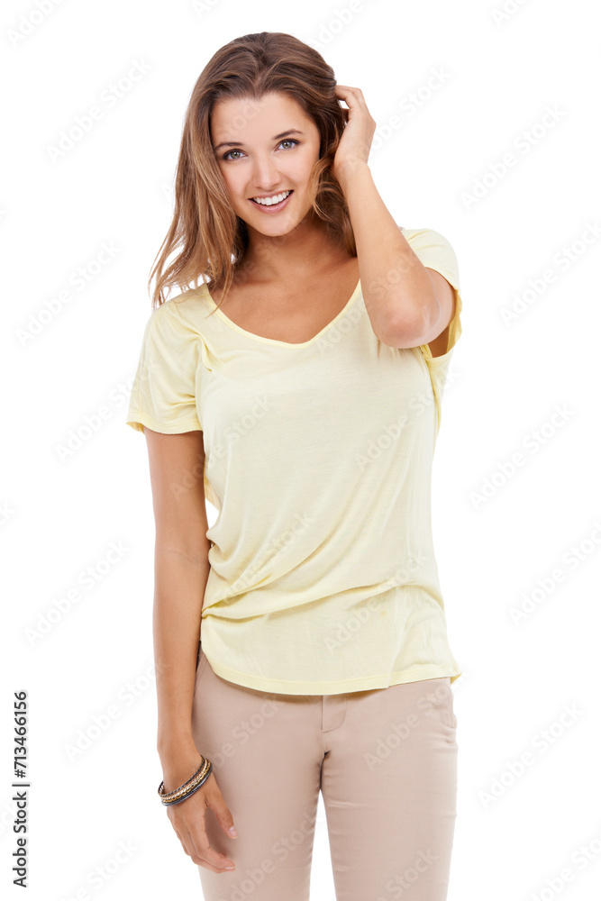 Portrait, young woman and happy in studio for fashion with elegant girl and trendy style. French model, face and positive with red hair in gen z aesthetic and designer clothes by white background Portrait, young woman and happy in studio for fashion with elegant girl and trendy style. French model, face and positive with red hair in gen z aesthetic and designer clothes by white background