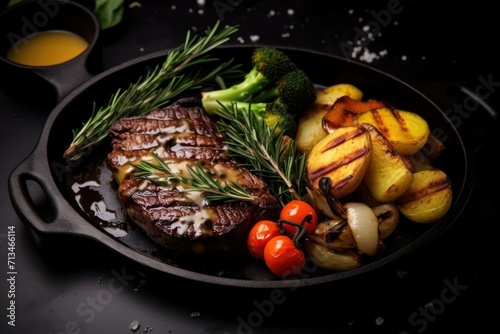  a skillet with steak, potatoes, tomatoes and broccoli on a table with a glass of orange juice.