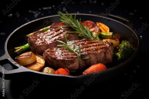  a close up of a steak in a skillet with broccoli, carrots, and other vegetables.