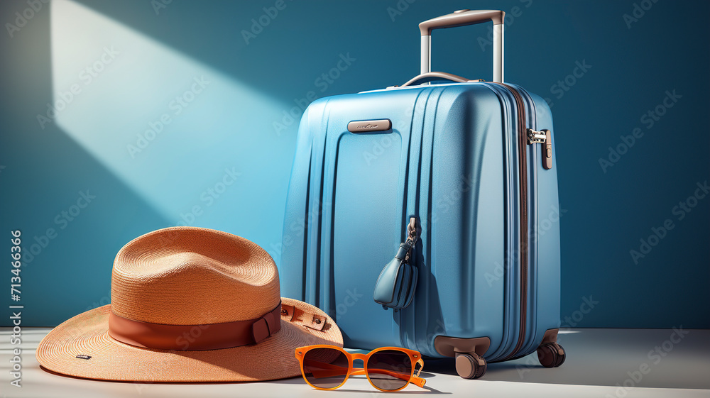 Travel suitcase. Blue suitcase with sun glasses and hat. Travel background. Beautiful blue composition of travel concept, luggage suitcase.
