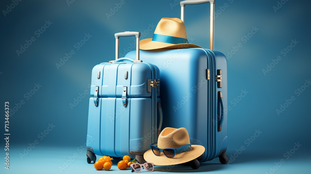 Travel suitcase. Blue suitcase with sun glasses and hat. Travel background. Beautiful blue composition of travel concept, luggage suitcase.
