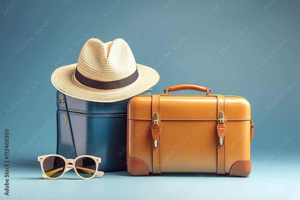 Travel suitcase. Blue and orange suitcases with sun glasses and hat. Travel background. Beautiful blue composition of travel concept, luggage suitcase.