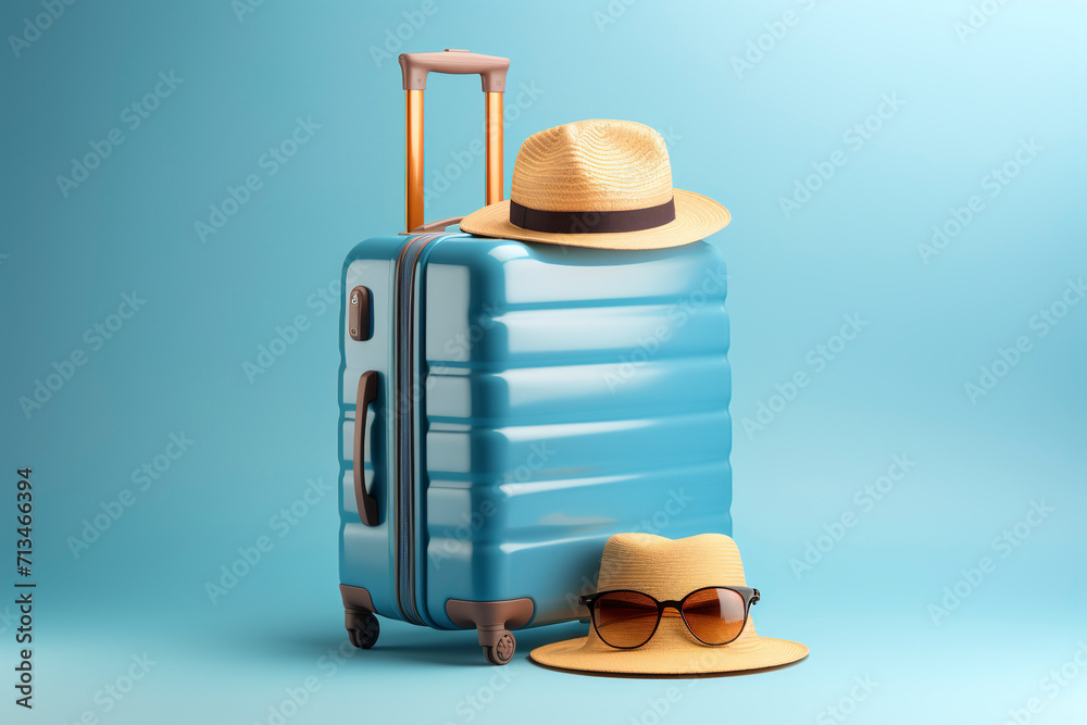 Travel suitcase. Blue suitcase with sun glasses and hat. Travel background. Beautiful blue composition of travel concept, luggage suitcase.