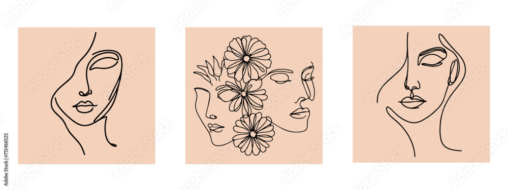 Vector minimalist style portrait. Line flower, woman portrait. Hand drawn abstract feminine print. Use for social net stories, beauty logos, poster illustration, card, t-shirt print