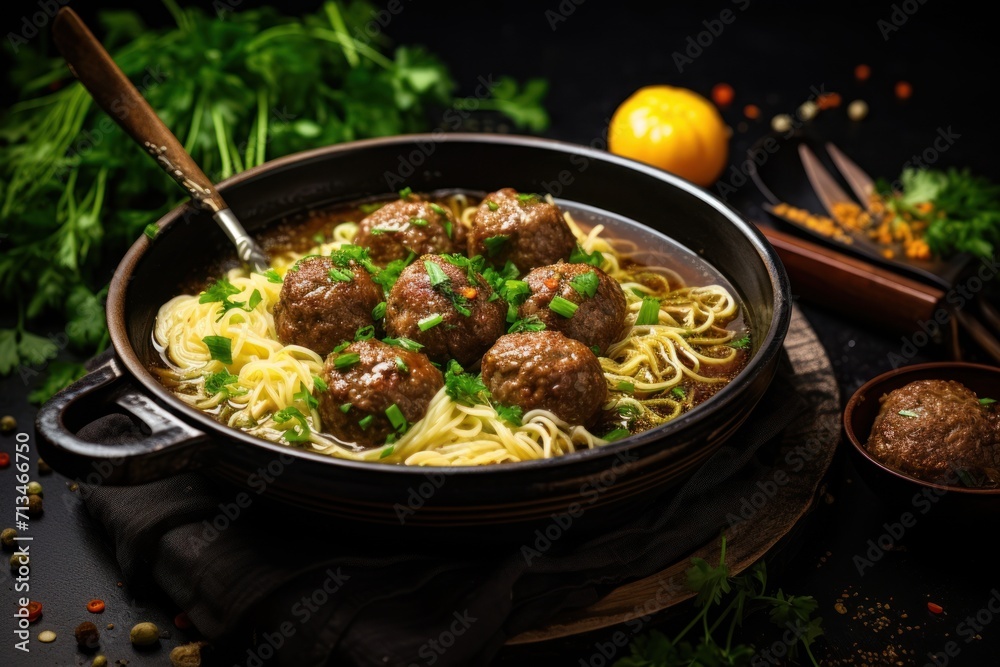  a pan filled with meatballs and noodles on top of a wooden table next to a bowl of parsley.