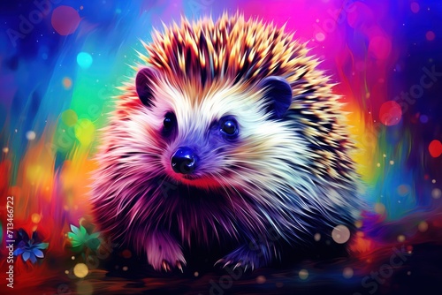  a painting of a hedgehog sitting in a field of grass with a flower in the foreground and a butterfly in the background.