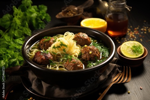  a bowl filled with meatballs and noodles next to a lemon and parsley garnished with parsley.