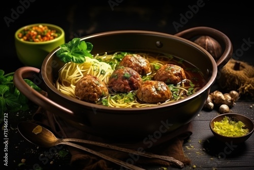  a bowl filled with meatballs and noodles next to a bowl of seasoning and a spoon on a table.