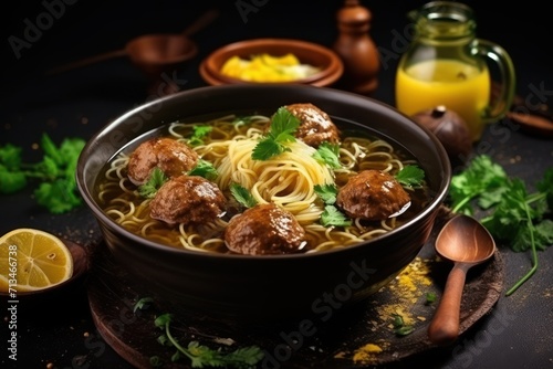  a bowl of pasta with meatballs and parsley on a plate with a spoon and a glass of orange juice.