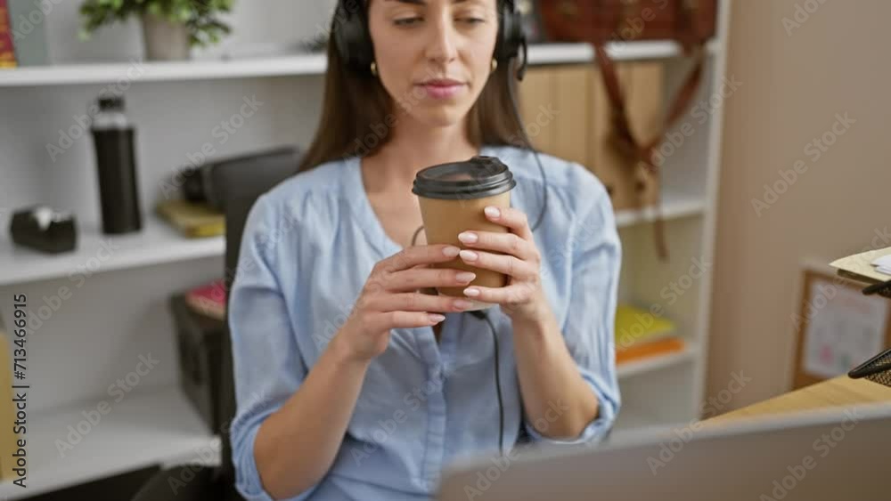 Radiant young, hispanic woman basks in her early morning office success, confidently sipping coffee while immersed in her work, headphones on, beautiful smile warming the indoor, professional setting. Radiant young, hispanic woman basks in her early morning office success, confidently sipping coffee while immersed in her work, headphones on, beautiful smile warming the indoor, professional setting.