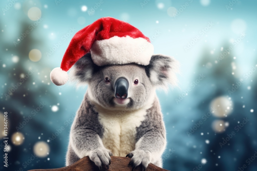 a koala wearing a santa hat sitting on top of a tree branch in front of a blurry background. a koala wearing a santa hat sitting on top of a tree branch in front of a blurry background.