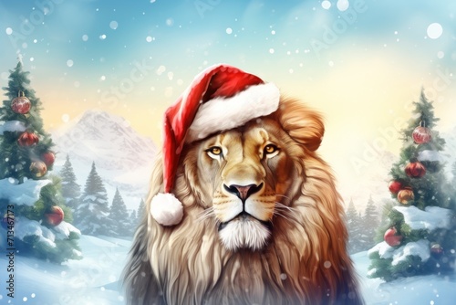  a painting of a lion wearing a santa claus hat in a snowy landscape with evergreens and a mountain in the background. © Nadia