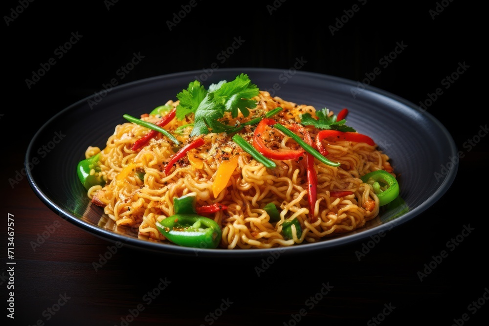 a close up of a plate of food with noodles and veggies on a black plate on a wooden table. a close up of a plate of food with noodles and veggies on a black plate on a wooden table.