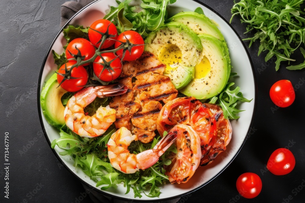 a plate of food with shrimp, avocado, tomatoes, and lettuce on a black table. a plate of food with shrimp, avocado, tomatoes, and lettuce on a black table.