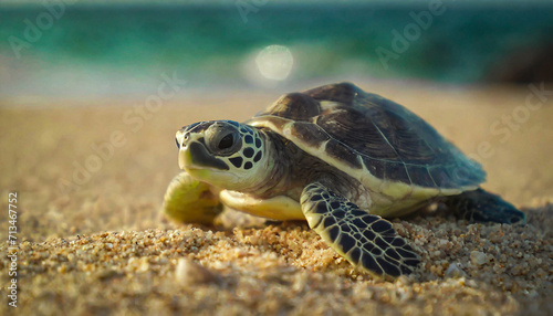 close-up of a sea turtle gracefully traversing the sandy shore. embrace the natural beauty of this scene