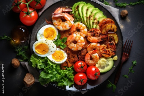  a plate of shrimp, eggs, avocado, tomatoes, and lettuce on a black surface.