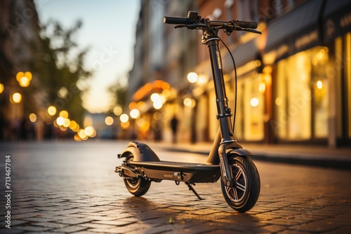 Modern Green Urbanite: A Detailed Photo Showcasing the Eco-Friendly Appeal of an Electric Scooter in the Midst of the City Hustle