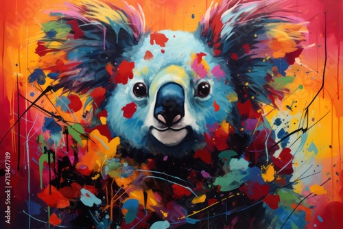  a painting of a koala bear with multicolored paint splatters all over it's face.