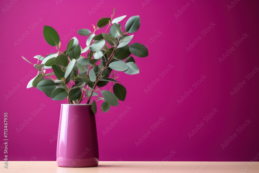  a pink vase filled with green leaves on top of a wooden table in front of a bright pink colored wall.
