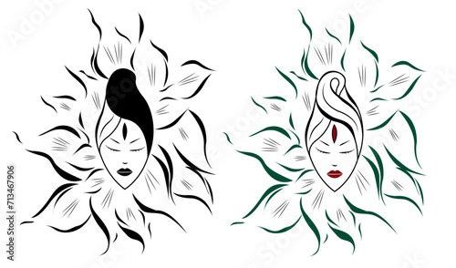 Tribal Indian woman, yogini girl in flower for tattoo and t-shirt design. Ethnic warrior girl. American Indian ethnic art vector