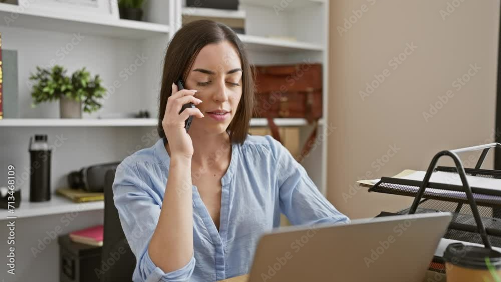 Confident young hispanic woman talking business on smartphone while working on laptop at office Confident young hispanic woman talking business on smartphone while working on laptop at office