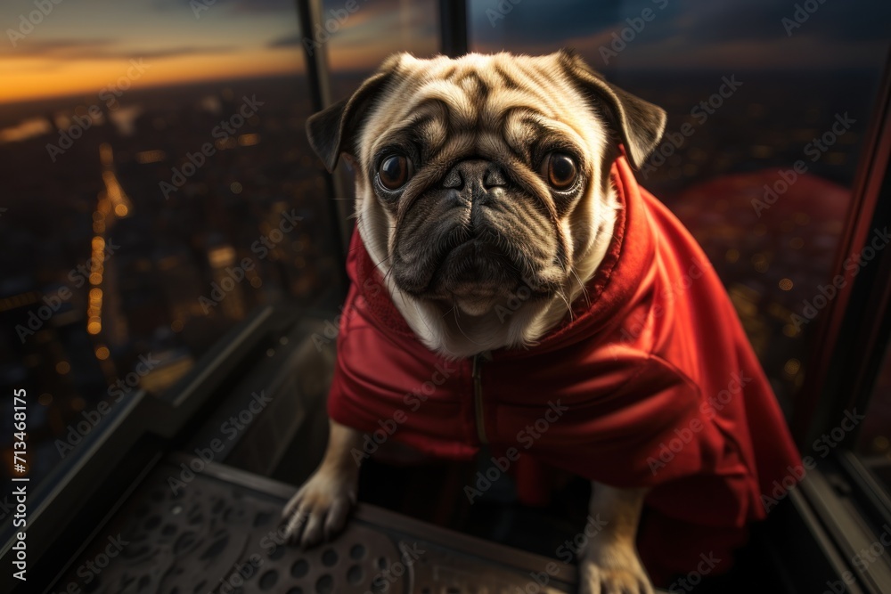  a small pug dog wearing a red shirt looking out a window at the view of a city at night.