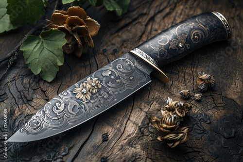 One Stylish Damascus steel kitchen knife on a wooden board