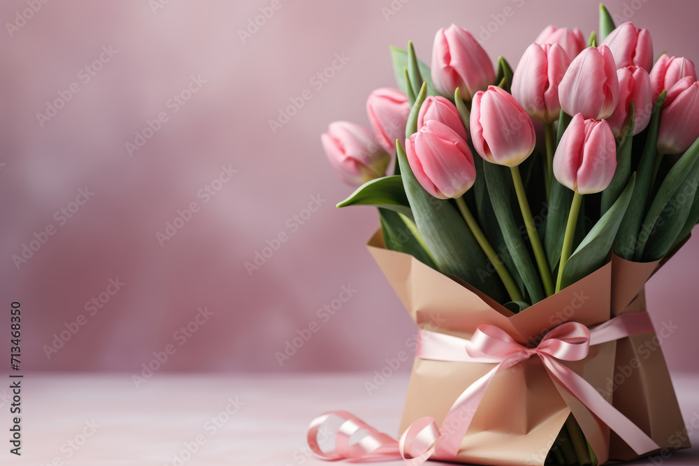 Bouquet of pink flowers in a paper bag Bouquet of pink flowers in a paper bag
