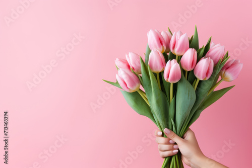 Beautiful bouquet of tulips in hand on a pink background. Copy space for text © Michael