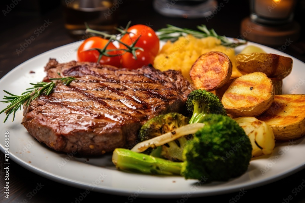  a close up of a plate of food with broccoli and potatoes on a table with a candle in the background.