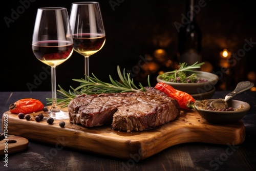  a steak on a cutting board with a glass of wine and a bowl of vegetables on a wooden cutting board.
