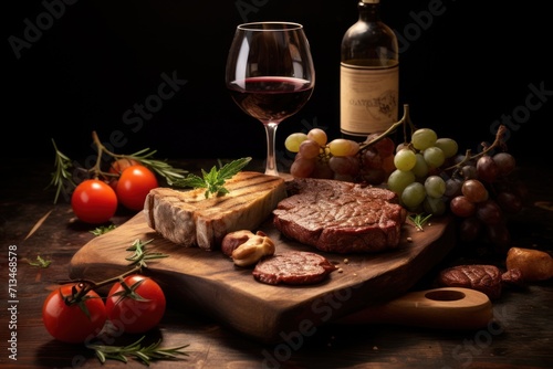  a wooden cutting board topped with meat and veggies next to a bottle of wine and a glass of wine.