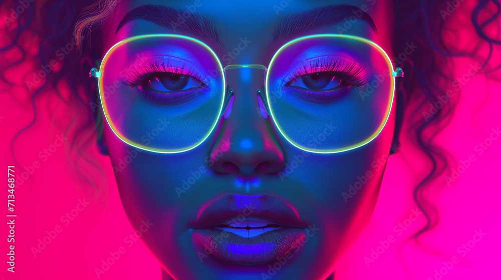 The girl's face in a neon glow. A girl in neon glasses looks at the camera. Background in neon glow