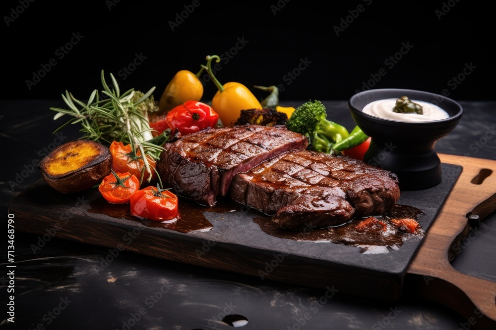  a piece of steak on a cutting board with a knife and a bowl of sauce on the side of it.