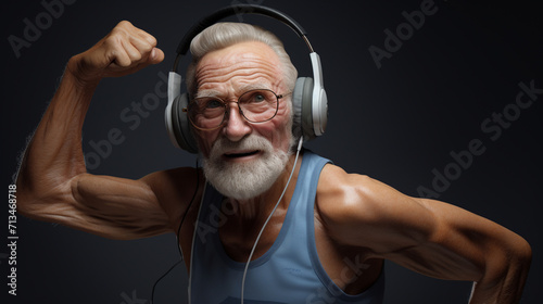 Senior adult in sleeveless t-shirt showing his muscles while listening to music with headphones