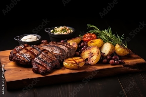  a wooden cutting board topped with steak, potatoes, and a side of fruit and a side of dips.