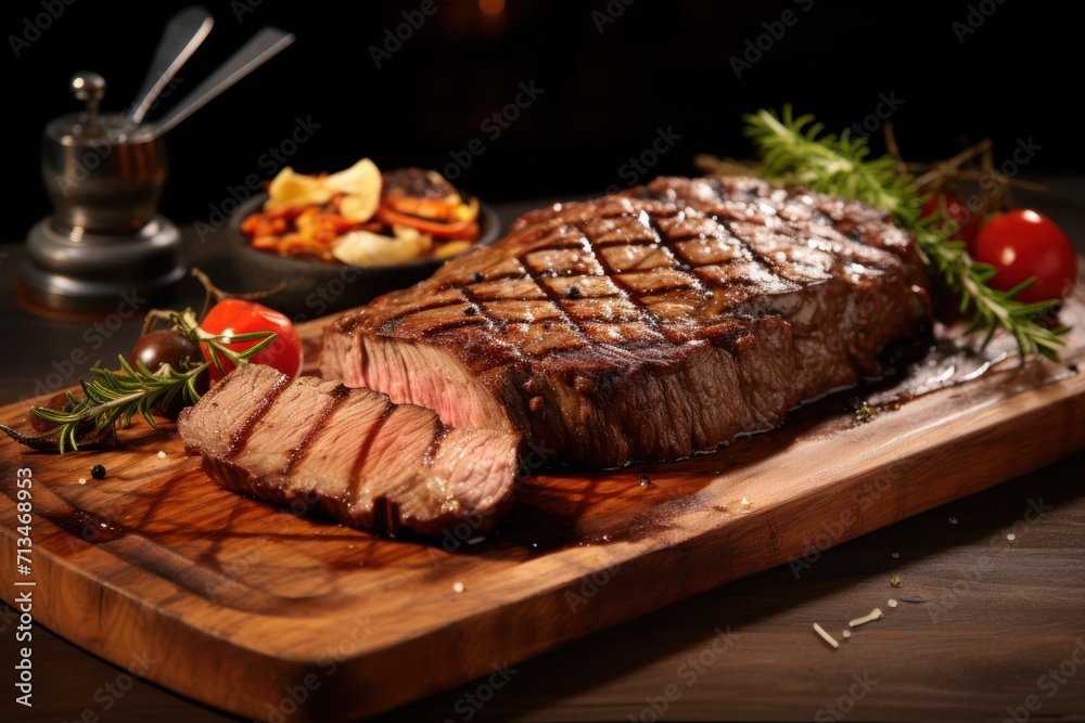  a piece of steak sitting on top of a wooden cutting board next to a bowl of vegetables and a pepper shaker.