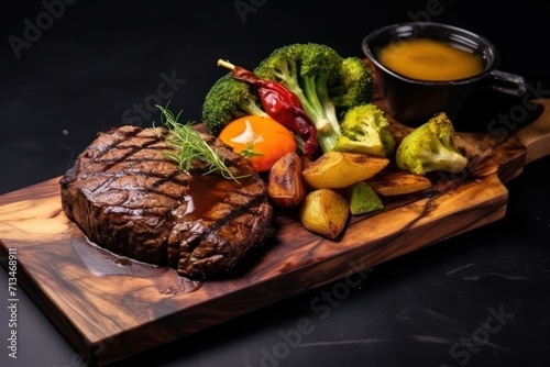  a steak, potatoes, broccoli, carrots, and a cup of sauce on a cutting board.