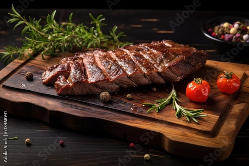  a piece of meat sitting on top of a wooden cutting board next to tomatoes and a sprig of rosemary.