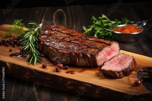 a close up of a steak on a cutting board with garnishes and a spoon on the side.