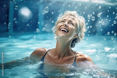 Middle-aged woman in a swimsuit. Playing sports. Maintaining health. pool. Grandmother, an old woman, a pensioner. © Al