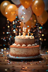 Festive birthday cake with candles against a background of bokeh and balloons