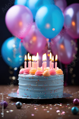 Festive birthday cake with candles on a background of balloons. Vertical orientation