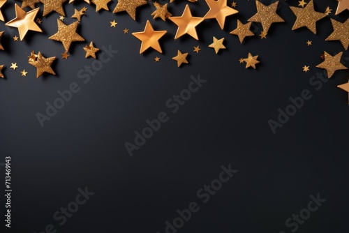  a group of gold stars on a black background with space for a text or an image to put on a card or brochure.