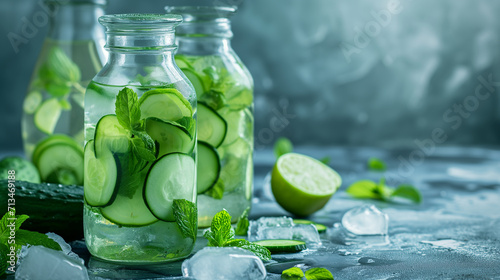Infused water with cucumber, lime and mint on grey rustic background