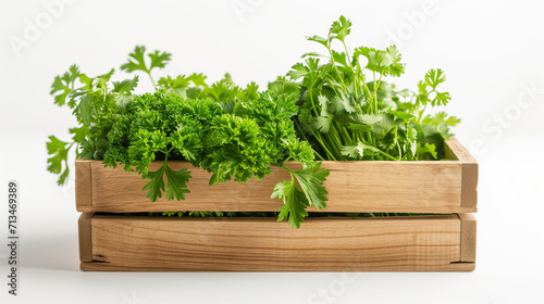 Wooden box with different herbs isolated on white background