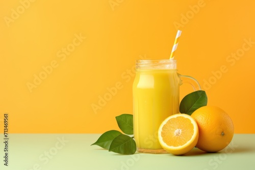  a glass of orange juice with a straw next to two oranges and a green leaf on a yellow background.