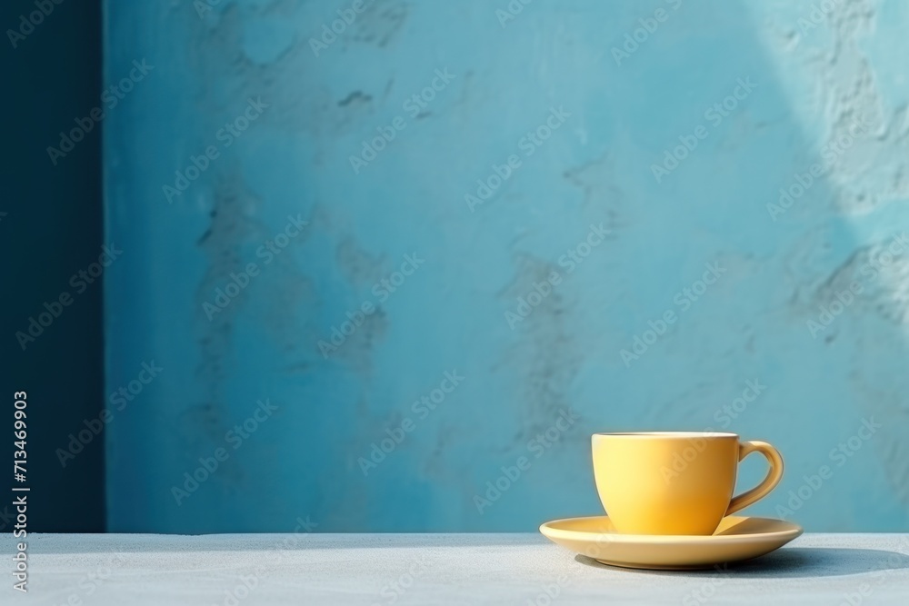 a yellow cup sitting on top of a saucer on top of a white table next to a blue wall. a yellow cup sitting on top of a saucer on top of a white table next to a blue wall.
