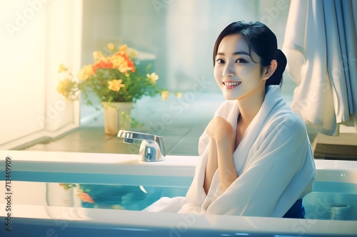 smiling asian woman sitting on the bathtub is relaxing in hot spring